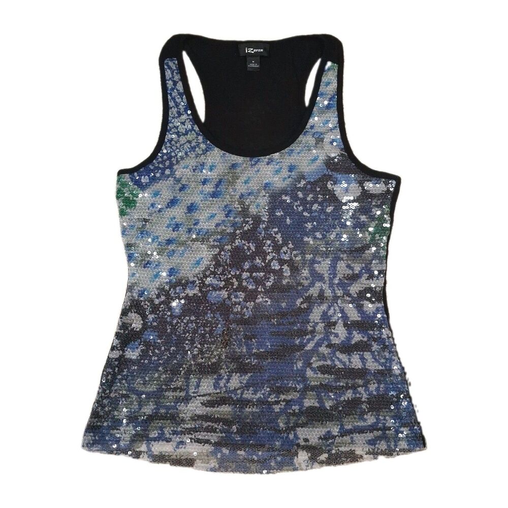 iZ BYER Womens sz M Sequin Tank Top Racerback Blue Silver Abstract Y2K Night